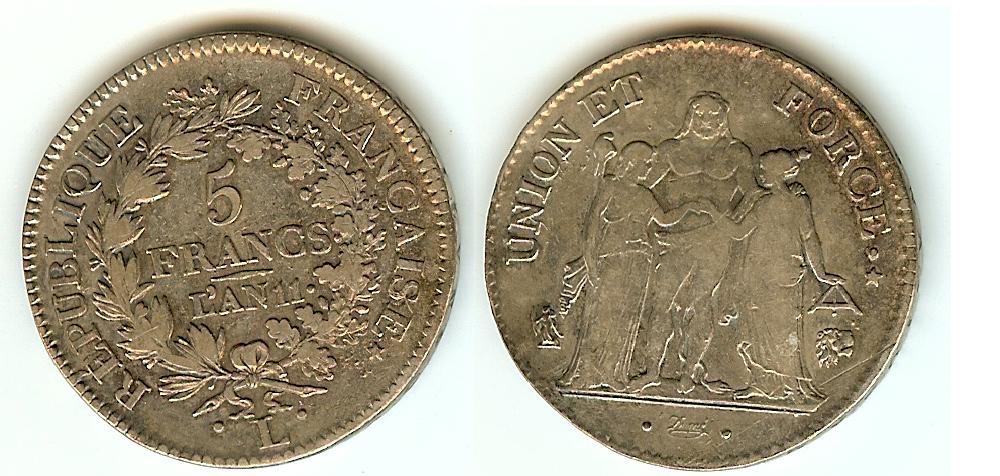 5 francs Union et Force, Union serré 1803 Bayonne TTB à TTB+